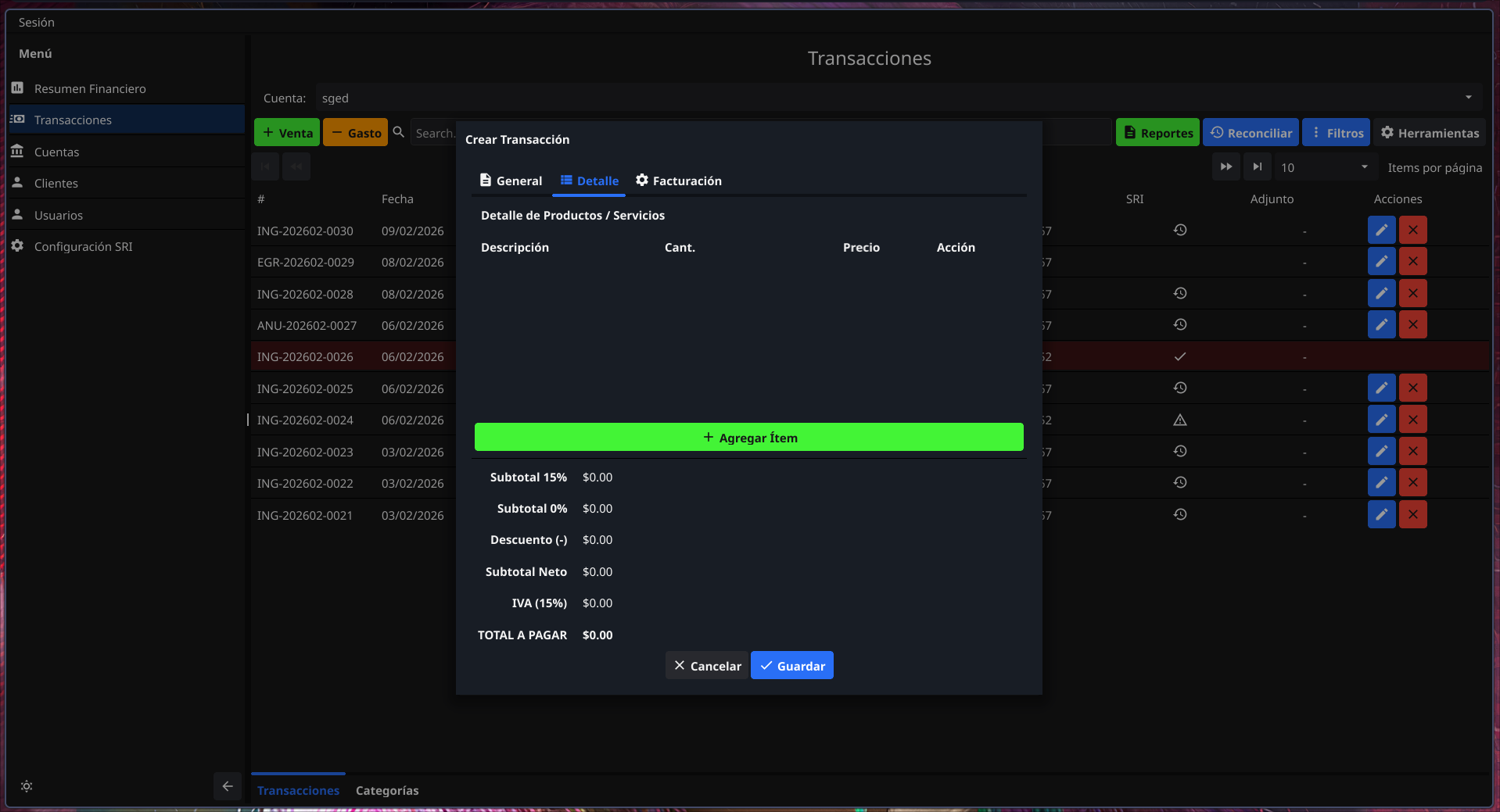 Crear Transacción - Detalle
